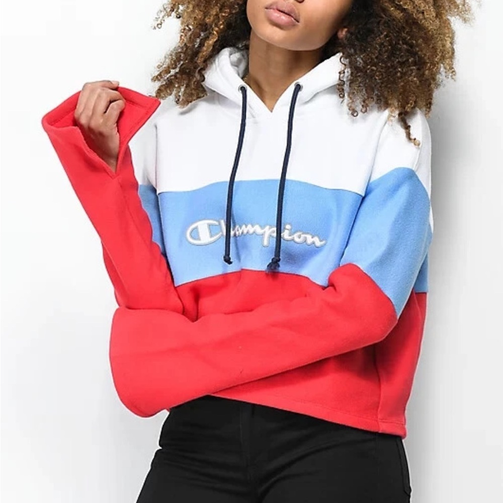 Champion Reverse Weave Colorblock Hoodie Women Medium Blue Red White Crop Retro